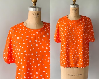 1990s Vintage Bright Orange Dot Rayon Blouse, Small