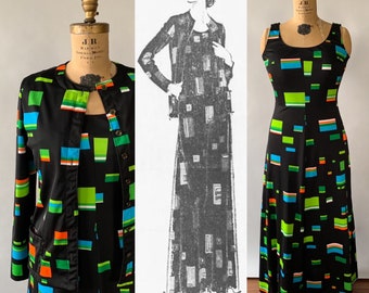 Vintage 70s Dress, 1970s Black Multicolored Geometric Print Polyester Maxi Dress, Sleeveless Dress And Jacket Set, Green Orange Blue, S M