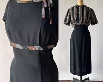 Vintage 50s Dress, 1950s Black Rayon Linen Tie Collar Dress Jacket Set, Princess Seam Wiggle Sheath, Brown Gray Striped Cropped Bolero, S M