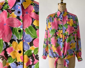 Vintage 1980s Multi Floral Print Collared Button Down Shirt Tie Front Blouse M L