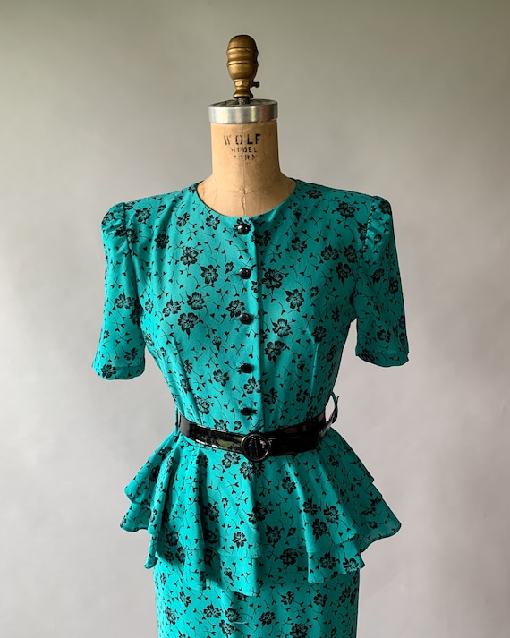 Vintage 80s dress, 1980s turquoise floral peplum … - image 3