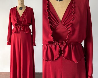 Vintage 70s Dress, 1970s Cranberry Red Polyester Knit Sleeveless Maxi Peplum Bolero, Hippie Style Holiday Party Dress Jacket Set, Medium