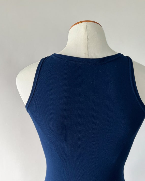 1970s Bodysuit, 70s Vintage Navy Blue Nylon Scoop Nec… - Gem