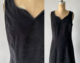Vintage 90s Dress, 1990s IN San Francisco Black Faux Suede Sleeveless Mini Dress, Notched V Neck Princess Seam Sheath, Small S