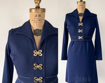 Vintage 1970s Mod Navy Blue Wool Knit Collared Sweater Dress, Dark Indigo Wing Collar Sheath, Gold Buttons, Small S Medium M