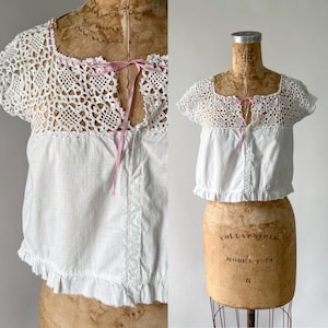 Antique Blouse, Vintage Edwardian 1900s 1910s White Cotton Crochet Lace Yoke Corset Cover, Pink Silk Ribbon Drawstring Camisole Crop Top, XS