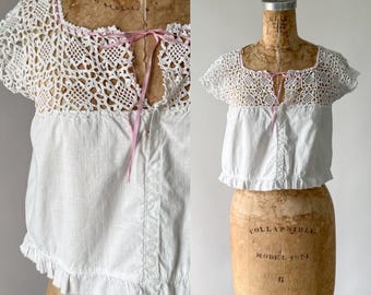 Antique Blouse, Vintage Edwardian 1900s 1910s White Cotton Crochet Lace Yoke Corset Cover, Pink Silk Ribbon Drawstring Camisole Crop Top, XS