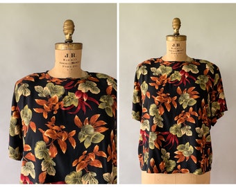 Vintage 1990s brown leaf print rayon oversized boxy top, Large Extra Large