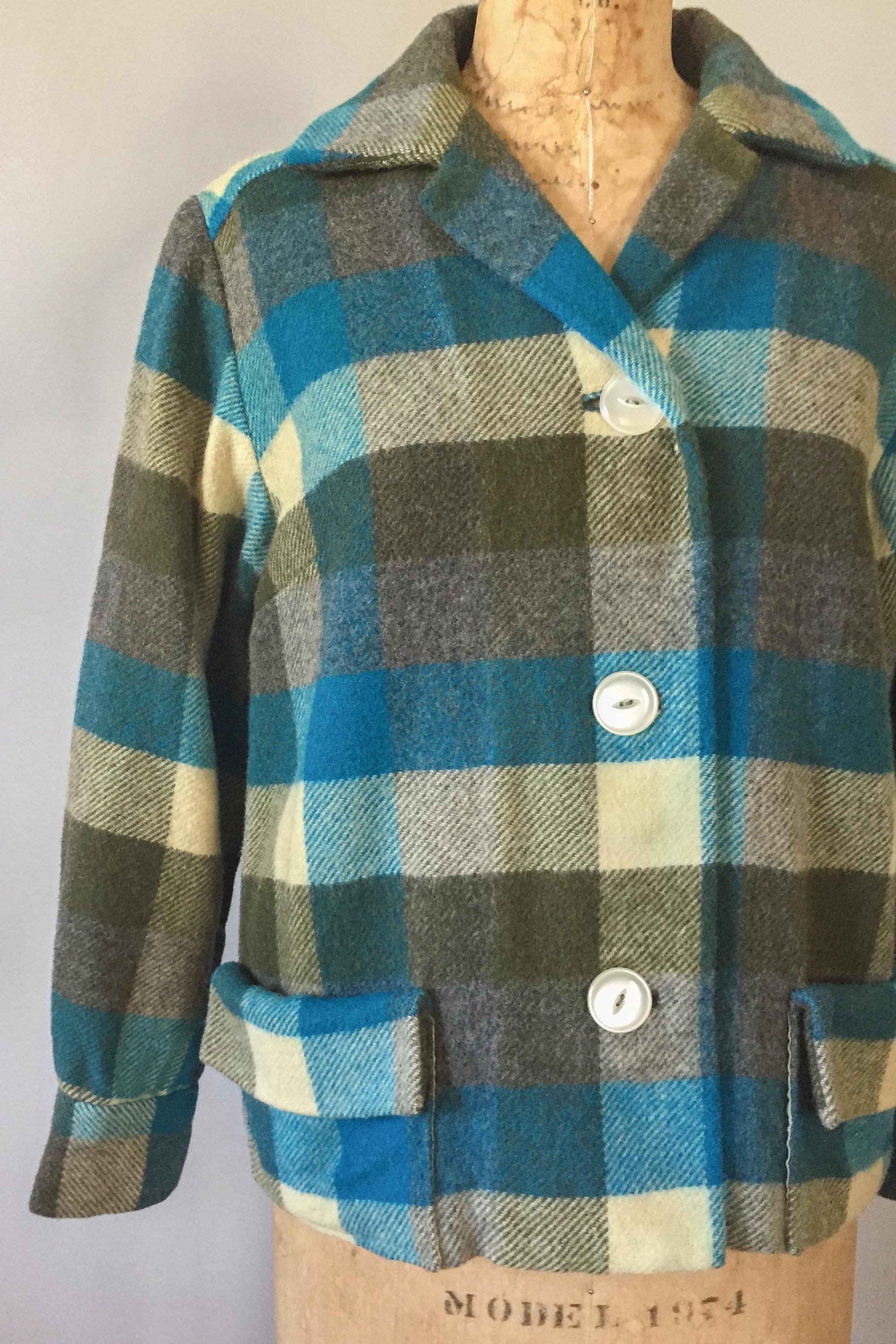 Vintage 1950s 50s aqua blue olive green plaid wool Pendleton 49er style ...