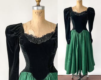 Vintage 80s Dress, 1980s Black Velvet Green Moire Party Dress, Long Puffed Mutton Sleeve Fitted Basque Waist Full Skirt Holiday Gown, XXS XS