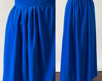 Vintage 70s Skirt, 1970s 1960s Bright Blue Velveteen Long Full Maxi, High Waisted Velvet Full Length Holiday Party, Small S, 26 Waist