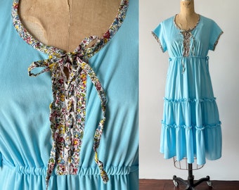 1970s Vintage Baby Blue Polyester Floral Trim Ruffled Tiered Midi Prairie Dress, Small