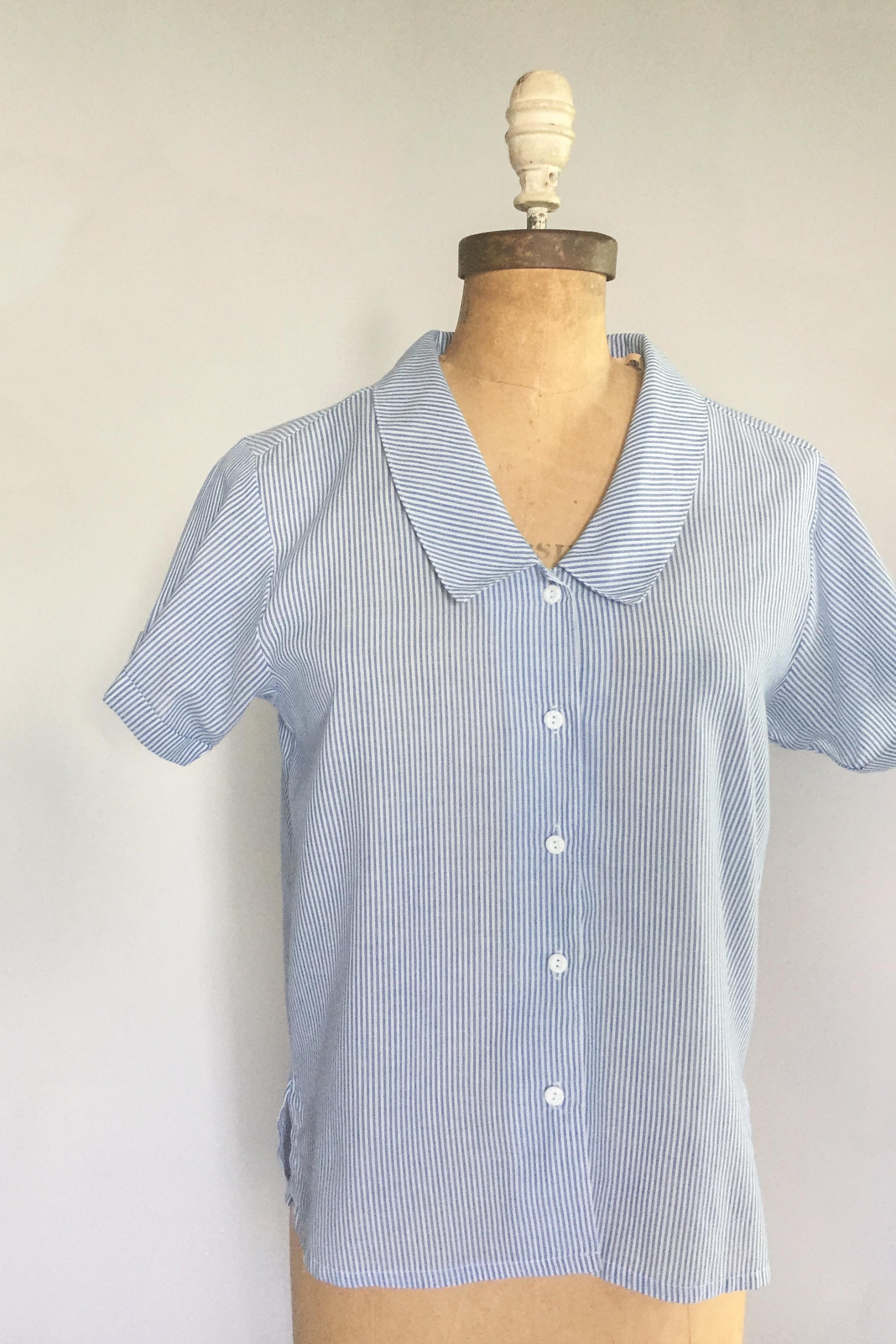 Vintage 1980s blue and white stripe cotton collared blouse / 80s 90s ...