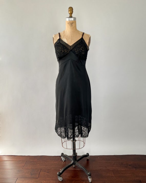Vintage 50s Slip, 1950s Val Mode Black Nylon Ruffled … Gem
