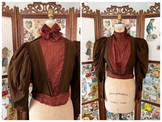 Antique 1890s bodice, brown wool bodice, rust sil… - image 1