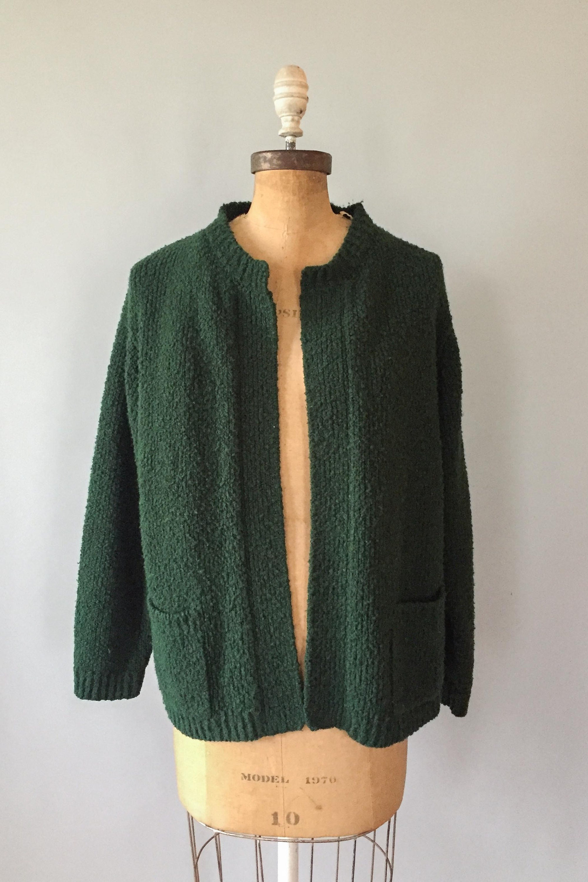 Vintage 1980s hunter green chunky open cardigan sweater Medium M