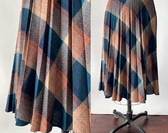 Vintage 70s Skirt, 1970s 1980s Dark Blue Rust Orange Jewel Tone Plaid Perma Pleated Full Midi, Extra Small XS Small S, 25 26 Waist