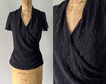 Vintage 1990s Black Lace Beaded Draped Stretchy Fitted Top, Small