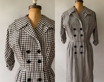 Vintage 50s dress, 50s black gingham dress, 50s silk dress, 50s wiggle dress, double breasted, button front dress, Medium, W27, W28