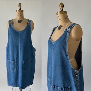 Vintage 90s Dress, 1990s Arizona Cotton Denim Midi Pinafore Jean Jumper, Sleeveless Scoop Neck Patch Pockets, Plus Size, 20W, XXL 2X