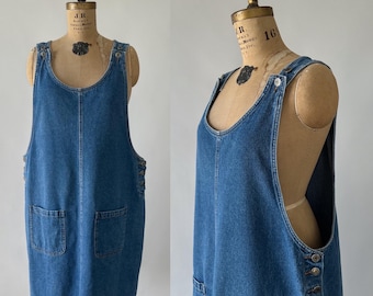 Vintage 90s Dress, 1990s Arizona Cotton Denim Midi Pinafore Jean Jumper, Sleeveless Scoop Neck Patch Pockets, Plus Size, 20W, XXL 2X