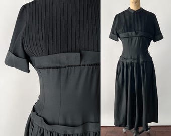 Vintage 50s Dress, 1950s Black Wool Taffeta Cocktail Holiday Party Dress, Collared Empire Drop Waist Full Skirt, Small S Medium M, Waist 29