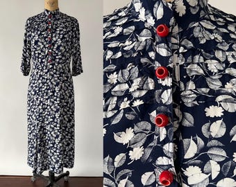 Vintage 30s Dress, 1930s Deco Blue White Floral Leaf Print Rayon Belted Day Dress, Pleated Yoke Slim Midi Skirt, Red Wooden Buttons, XS