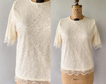Vintage 1990s cream lace scalloped hem oversized short sleeve top / Medium M