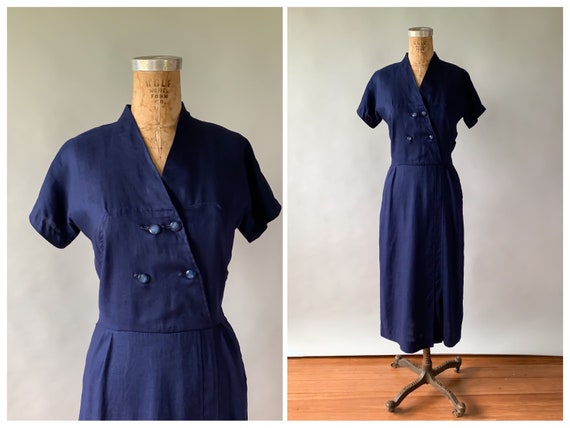 Vintage 1940s 1950s navy linen double breasted she
