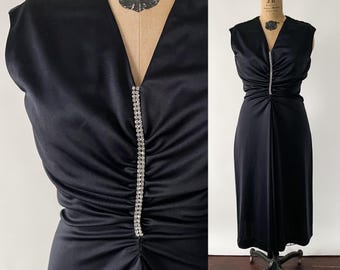 Vintage 70s Dress, 1970s Black Polyester Knit Sleeveless V Neck Fitted Ruched Midi, Disco Holiday Party Sparkly Rhinestone Trim, Medium M