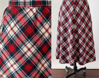 Vintage 80s Skirt, 1980s Pendleton Red Green Christmas Holiday Plaid Wool Skirt, High Waisted Aline Midi Skirt, Extra Small XS, Waist 25