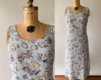Vintage 1990s blue floral rayon tank dress, Medium