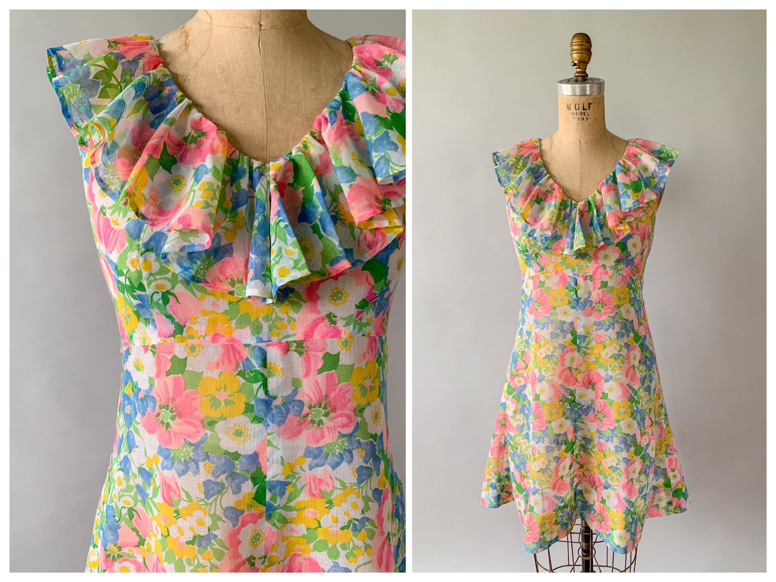 Vintage 1960s blue & pink floral ruffled mini dress, Medium