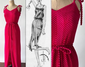 Vintage 70s Dress, 1970s Disco Raspberry Pink Chenille Velour Maxi Dress, Spaghetti Tie Strap Sexy Slit Skirt, Jerell of Texas, Extra Small