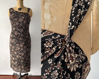 1990s Vintage Black Tan Paisley Print Sheer Mesh Sleeveless Keyhole Neck Asymmetrical Hem Stretchy Slip Dress, Medium