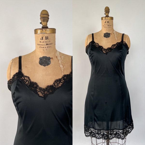 Vintage 60s Slip, 1960s Carol Brent Black Nylon V Neck Lace Trim Mini Length Full Slip, 1950s Style Pinup Sexy Lingerie, Medium