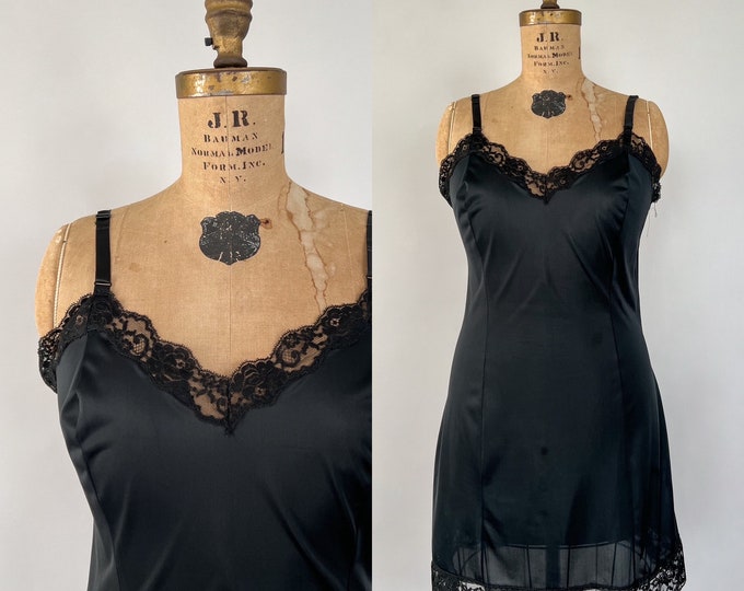 Featured listing image: Vintage 60s Slip, 1960s Carol Brent Black Nylon V Neck Lace Trim Mini Length Full Slip, 1950s Style Pinup Sexy Lingerie, Medium