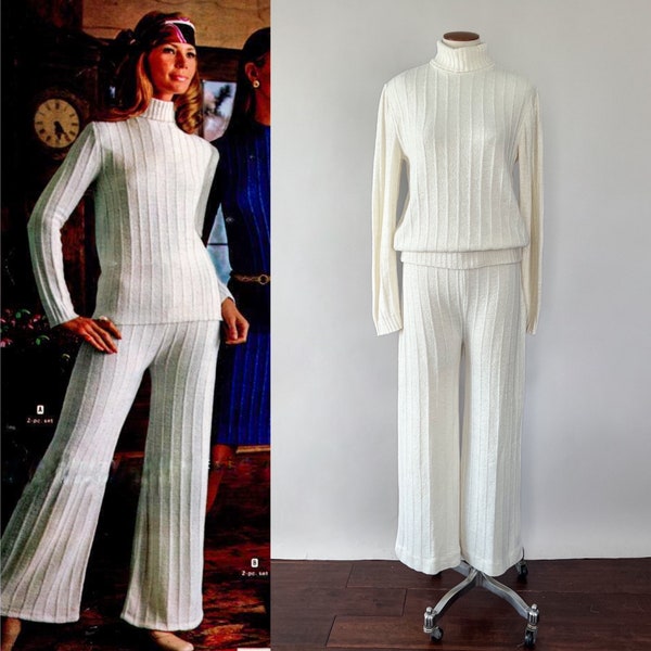 Vintage 60s Set, 1960s Carol Brent Winter White Acrylic Pantsuit, Turtleneck Sweater Wide Flare Leg Ribbed Knit Pant 2PC Lounge Set, Small S