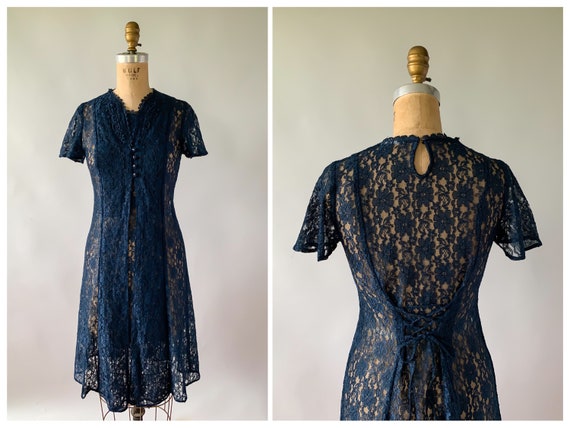 Vintage 1990s navy lace flutter sleeve midi dress