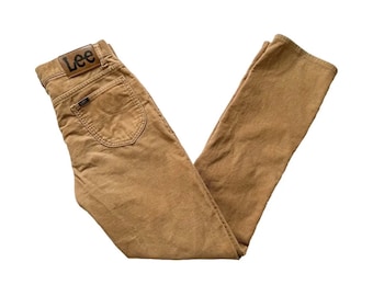 Vintage 80s Pants, 1980s Lee Tan Corduroy Slim Straight Leg High Rise Golden Brown Gold Cords, 29 30 Waist