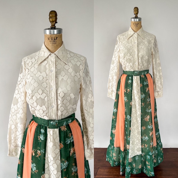 VINTAGE 60s 70s WHITE ORANGE GREEN FLORAL BEETLE DAGGER SHIRT DRESS 14 16 main image 1
