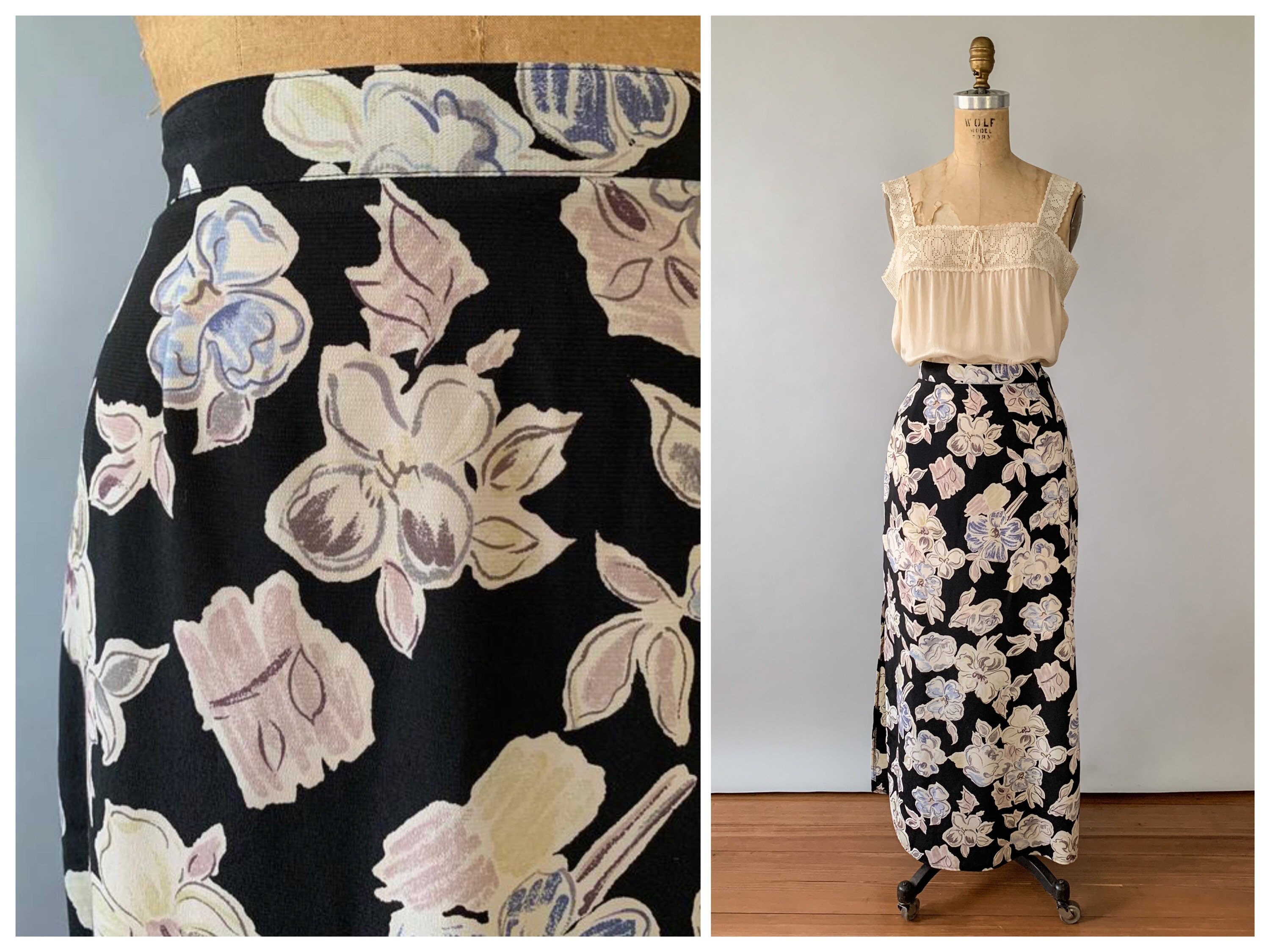 Vintage 90s skirt, 1990s black floral maxi skirt, full length skirt