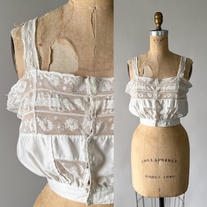 Antique Blouse, Vintage Edwardian 1900s 1910s Off White Cream Inset Lace Cotton Corset Cover, Silk Ribbon Camisole Crop Top Tank, XXS XS
