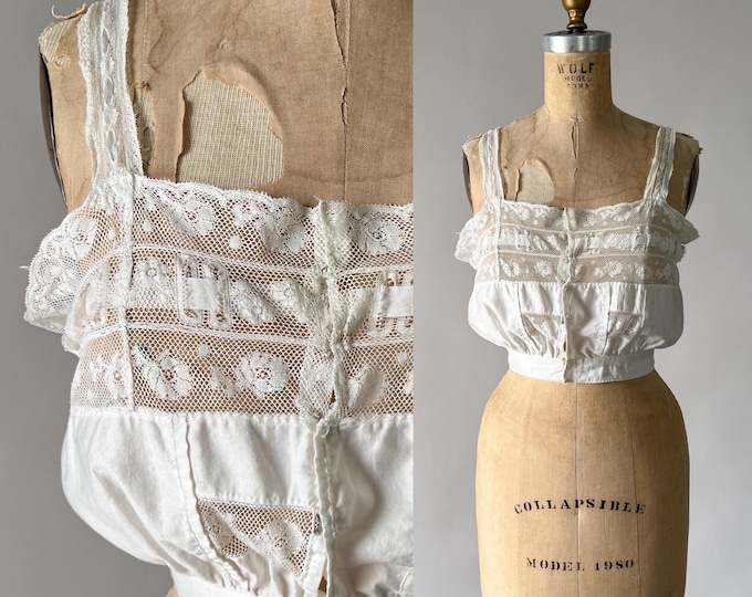 Featured listing image: Antique Blouse, Vintage Edwardian 1900s 1910s Off White Cream Inset Lace Cotton Corset Cover, Silk Ribbon Camisole Crop Top Tank, XXS XS