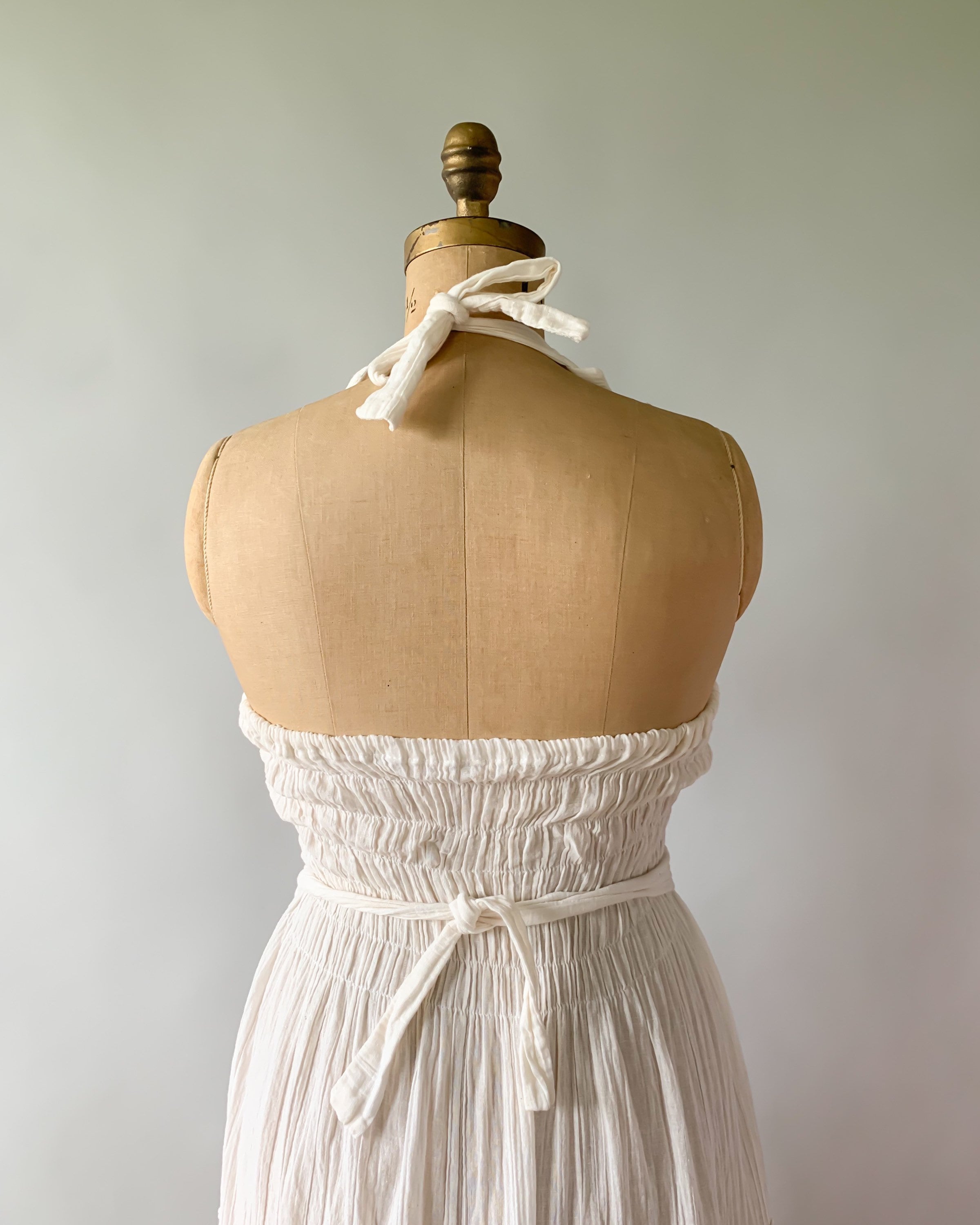 Vintage 1970s cream embroidered gauze halter dress Medium M Large L