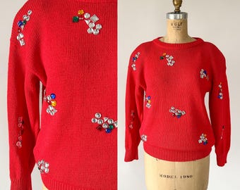 Vintage 80s Sweater, 1980s Tomato Red Cotton Multicolored Jeweled Embellished Christmas Sweater, Festive Holiday Statement Sweater, Small S