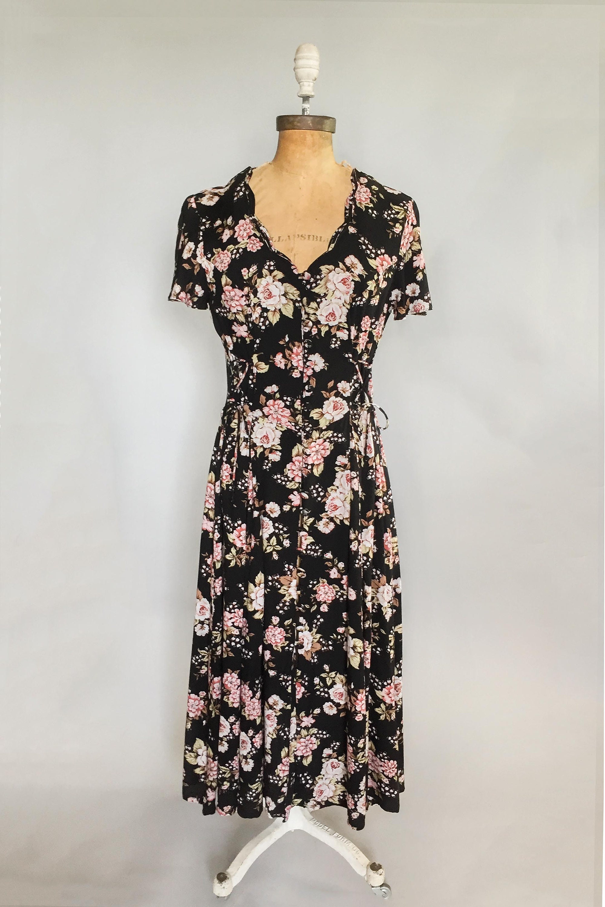 Vintage 1990s 90s black and pink rose print rayon lace up maxi dress ...