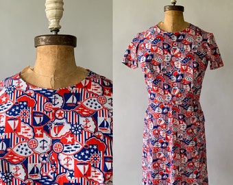 Vintage 60s dress, 1960s nautical novelty print dress, red blue cotton shift dress, anchor sailboat star print, 60s patriotic dress, Medium