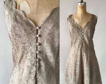 Vintage 90s Dress, 1990s Erika Taylor Intimates Gold Satin Jacquard Mini Slip Dress, V Neck Fit And Flare Skater Nightgown Chemise, Small S