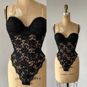 Vintage 90s Lingerie, 1990s Victoria Secret Sheer Black Lace Teddy, Sexy Underwire Longline Bra Spaghetti Strap High Cut Bodysuit, 34B XS